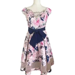 JEWELS ジュエルズ 花柄 キャバドレス ドレス ワンピース ウエストリボン ビジュー Sサイズ ピンク シアー切り替え フレンチスリーブ