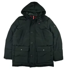 良品★TOMMY HILFIGER・トミーヒルフィガー メンズ ラバーブランドアイコンワッペン フード付き フルジップビックボタン比翼仕立て 中綿入りジャケット(L/2XL相当)アウター 秋冬物 カジュアル ブランド ジャケット ブラック ビックサイズ