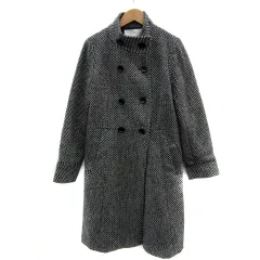 ナチュラルビューティーベーシック NATURAL BEAUTY BASIC スタンドカラーコート ロング丈 総柄 ダブルボタン ウール混 M 黒 ブラック 白 ホワイト /YS3 ■MO