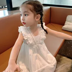 ワンピース エプロンドレス 子供服 キッズ 女の子 ノースリーブ フリル レース 裾スカラップ リボン ラウンドネック おしゃれ かわいい 清楚 ナチ674