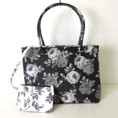キャスキッドソン Cath Kidston バッグ トートバッグ ショルダーバッグ 花柄 薔薇 エコレザー ポーチ付 黒 ブラック グレー かばん 鞄 カバン 美品 国内正規品