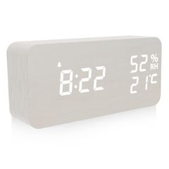 【人気商品】デジタル目覚まし時計 木製置き時計 LED時間表示3目覚まし時計設定 USB給電 き湿度と温度検出電子時計、寝室、ベッドサイドテーブル、机、オフィス、子供、家族に適しています（ホワイト）