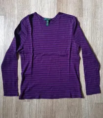 (新品) ラルフローレン レディース ボーダー柄 濃いパープル 綿100％ 長袖Tシャツ Mサイズ