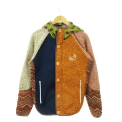 ゴースローキャラバン go slow caravan ロングジャケット フーディ ニット 裏起毛 切替 総柄 ロゴ刺繍 4 XL マルチカラー /MN22