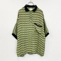 【3点以上まとめ買いで20%OFF】古着 used　半袖総柄ポロシャツ　チェック柄　緑　グリーン　オーバーサイズ　リブ切り替え　胸ポケット　XLサイズ