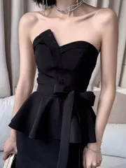 大人気  ペプラムドレス　シックブラック　ベアトップ　パーティー用