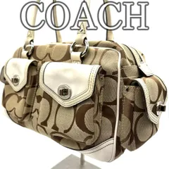 コーチ COACH シグネチャー トートバッグ キャンバス×レザー ターンロック ポケット4つ ベージュ ホワイト Signature Tote Bag Canvas Leather Beige White