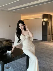 大人気  マーメイドロングドレス　ショルダードレープパーティー用