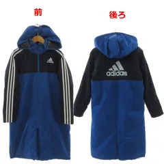 アディダス adidas 中綿入りベンチコート climastorm フーディー ロゴプリント 3本ライン 配色 ジップアップ 裏起毛 ブルー 青 ネイビー 紺 ホワイト 白 150