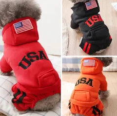 21ドッグウェア 小中大型犬用服　秋冬服　つなぎ　柴犬　ロンパース　スウェット　ジャージ　フード付き　ブラック　ポケット付き保温ペット服　3D刺繍アメリカ愛国風デザイン　セーター　小さめ　冬用犬用防寒ジャケット　寒冷　ペットおしゃれ着　ファッション USA