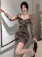 アンティーク花柄ミニタイトドレス 結婚式/パーティーに最適 シースルー素材 