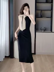 バイカラーワンポイントリボンタイ付きワンピース ひざ丈 結婚式 パーティー 年中