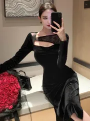 【美しいワンピース】上質なベロア素材♪結婚式やパーティーに最適！ロング丈