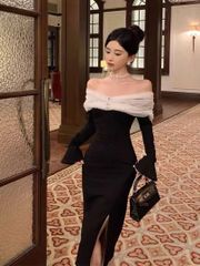 atlo スクエアカラーチュールレース切替ワンピース 結婚式
