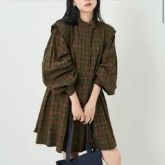 FREAK'S STORE バルーンスリーブミニワンピース  ブラウン カーキ チェック