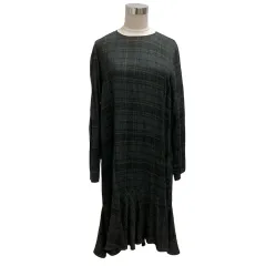 ザラウーマン ZARA WOMAN ワンピース クルーネック プルオーバー チェック ひざ丈 長袖 M グレー 黄 イエロー 黒 ブラック