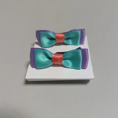 ♢ハンドメイド♢リボンヘアクリップ　珊瑚朱色、青緑、薄紫