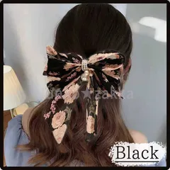 バレッタ リボン 花柄 ブラック ヘアアクセサリー 黒 髪留め 大き目