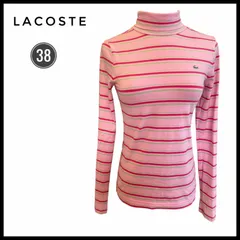 LACOSTE ラコステ　長袖　トップス 38 ピンク　ボーダー　タートルネック　ハイネック　ロゴ　レディース　女性　ゴルフ　インナー　スポーツ　綿　コットン