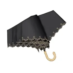 hiino kano 超軽量 日傘 おりたたみ傘 レディース 約173g/193g uvカット 完全遮光／遮熱 晴雨兼用傘 植物ラタン製 アルミ製 J型ハンドル かわいい 日傘兼用雨傘 高密生地 超撥水 携帯便利 プレゼント (星柄刺繍・ブラック) 0