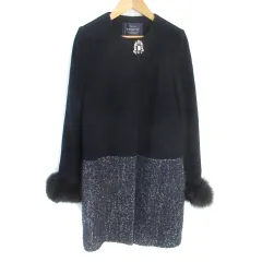 ジャスグリッティー JUSGLITTY ノーカラーコート ロング丈 フォックスファー 切替 総柄 アンゴラ混 アルパカ混 1 S 紺 白 ネイビー ホワイト /FF2