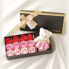 新品 12輪ブーケボックス プレゼント バラ ギフト ボックス 造花 約23.5cm シャボンフラワー ぬいぐるみ入り ソープフラワー S-012 ポピー名古屋