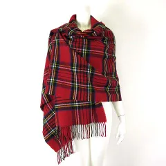 ストール マフラー 大判 タータンチェック柄 赤 レッド 紺 ネイビー 黄色 