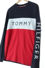 (M-L) Tommy Hilfiger トミーヒルフィガー スウェット Tシャツ 長袖 レター オールドスクール ネイビー -15B7A