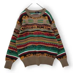 【入手困難】ヴィンテージ  ウール 立体 3Dニット 総柄 ベージュ マルチカラー ボーダー ニットセーター メンズ
