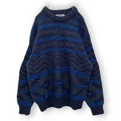 90s ヴィンテージ ウール ニットセーター 立体 3Dニット 総柄 ブルー Mサイズ メンズ ボーダー