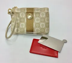 【美品】2点セット COACH コーチ オプアート PVC×レザー リストレット ポーチ ベージュ×アイボリー系 コンパクトミラー付き　　K1103
