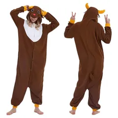 新品　[SYitong] トナカイ 着ぐるみ 大人用 フリース サンタ クリスマスコスチューム 衣装 男女兼用 柔らか かわいい 動物 キャラクター ハロウィン パーティー ゆったり 大人用 サンタ コスプレ 仮装 ルームウェアパジャマ 寒さ対策 (Free