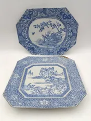 【K-1671】昭和初期 骨董皿 大判角皿 有田焼 古伊万里 染付 金継ぎ 2枚