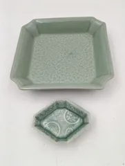 【K-1672】角皿 花柄 陶林窯 有田焼 染付陰刻豆皿 青磁 セット