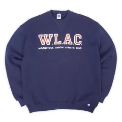 ラッセル RUSSELL 80s 80年代 プリントスウェット MADE IN USA アメリカ製 WLAC ロゴ フェード 前V 旧タグ ヴィンテージ 古着 メンズ スウェット トレーナー ネイビー 紺 XL【中古】