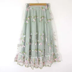 スカート フレア ティアード チュール 花柄 刺繍 レイヤード スカラップヘム ロング マキシ ストレッチ S 白 ホワイト マルチカラー 美品