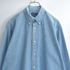 90〜00s Ralph Lauren ラルフローレン デニム ボタンダウンシャツ ポニーロゴ 刺繍 長袖シャツ ワークシャツ アメカジ プレッピー 青 ヴィンテージ ビンテージ USA アメリカ古着 メンズXLサイズ