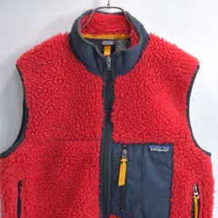 00s FA02 USA製 patagonia パタゴニア レトロX R4フリースベスト 65561 シャギー ボア アウトドア レアカラー レッド ネイビー キッズ規格 アメリカ古着 レディースL相当、メンズM相当