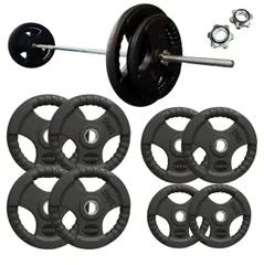★新品・送料無料★バーベルプレート＋トレーニングバーセット 計60kg(10kg×4枚、5kg×2枚、2.5kg×2枚、バーベルシャフト/180cm)のサムネイル