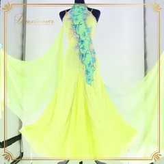 社交ダンス 衣装 エダスー edda hsu スタンダード ドレス スタンダードドレス ワンピース フロート デモ 蛍光 鮮やか 黄色 水色 青 グリーン系 イエロー系 競技 パーティ 発表会 フロア用 コスチューム  ダンス発表会 ダンス衣装 競技用ドレス