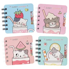 新品 4冊セット A7 ミニノート メモ帳 ポケットサイズ 可愛い 猫 小さいノート 横罫 自由帳 日記帳 小学生 女の子 文房具 おもしろ 誕生日プレゼント 4 5 6 7 8歳 (夏の猫)
