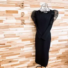 美品【セルフォード】フリル スリーブ リブ ニット ロング ドレス ワンピース黒ブラック 透け感 スクエアネック シアー袖 長袖