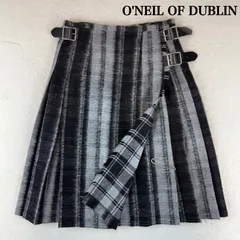 O'NEIL OF DUBLIN　オニールオブダブリン  巻きスカート　ラップスカート キルトスカート　プリーツスカート 膝丈　ウール混　チェック　グレー アイルランド製　GB10（M~Lサイズ)