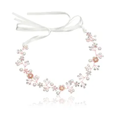 【数量限定】リボン 花かんむり ホワイト ヘッドドレス クリスタルビーズ パール 花冠 ヘアアクセサリー 結婚式 発表会 花 披露宴 卒業式 パーティー 髪飾り ダンス 和装 撮影 写真 サムコス 子供 大人用 (Aローズゴールド)