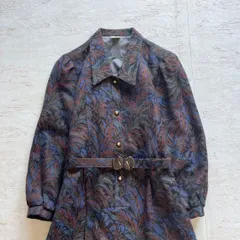 昭和レトロ ウール混　ジャカードワンピース　くすみブルー　ボタニカル　ベルト付き