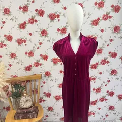 バーガンディ ベルベットワンピース とろみ素材 Vネック クラシカル 秋冬 ヴィンテージ レトロ エレガント