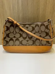 【中古品】 COACHコーチ シグネチャー アクセサリーポーチ 6094 キャンバス×レザー 茶ブラウン バッグかばん 保存袋付き 現状品