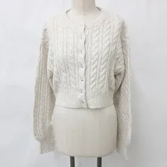 ナイスクラップ NICE CLAUP ニット カーディガン 長袖 ボリューム袖 丸首 釦開き ショート丈 ケーブル 刺繍 ベージュ F