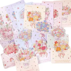 新品 moin moin メッセージ カード 花束 8種 40枚 大量 徳用 セット/花 フラワー イラスト 英字 二つ折り 飛び出す 3D ミニレター レターセット パステル グリーディングカード ローズ ピンク 薔薇 桜 リボン チューリップ 手紙 お礼