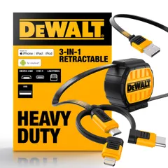 DEWALT Heavy Duty 3 in 1 Retractable Multi Charging Cord, 3ft Fast Charger Cord, Multi Charger Adapter with/Type C/Micro USB Port 